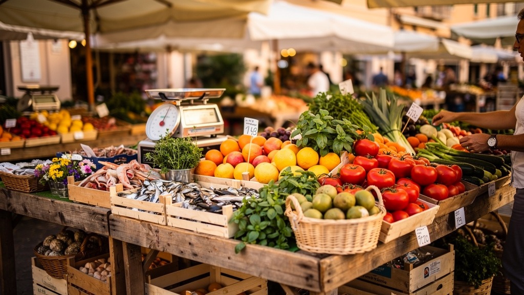 Acheteurs choisissant des produits frais au marché de San Remo