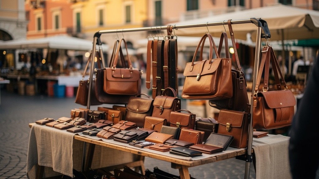 Articles de cuir présentés sur un étal du marché de San Remo