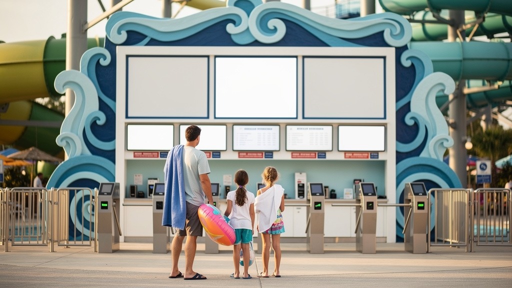 Famille devant un panneau de billetterie de parc aquatique