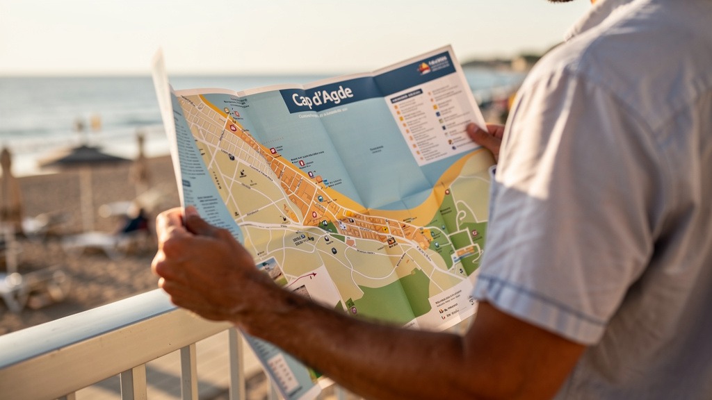 Touriste consultant une carte des plages du Cap d'Agde