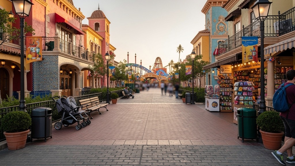 Touristes se promenant dans une allée thématique d'un parc d'attractions en Espagne