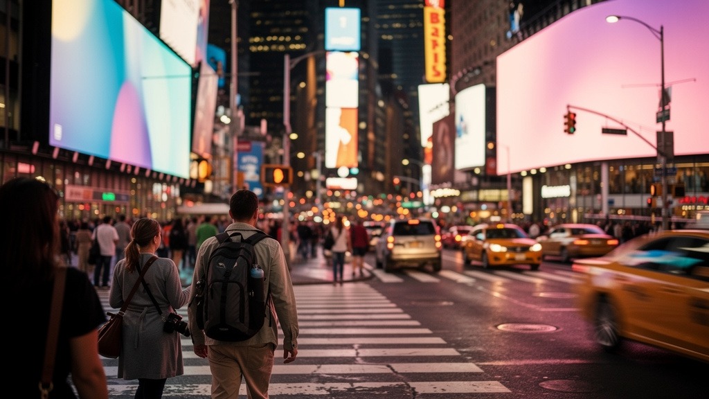 Touristes traversant Times Square en soirée