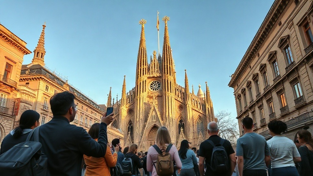Visiteurs admirant la façade de la Sagrada Família à Barcelone