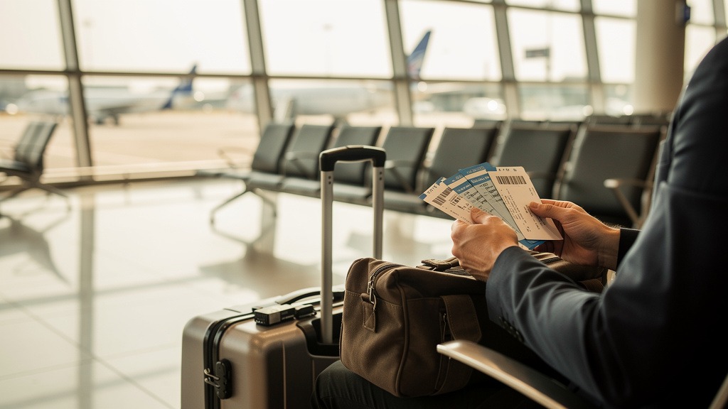 Voyageur consultant ses billets d'avion dans un terminal d'aéroport