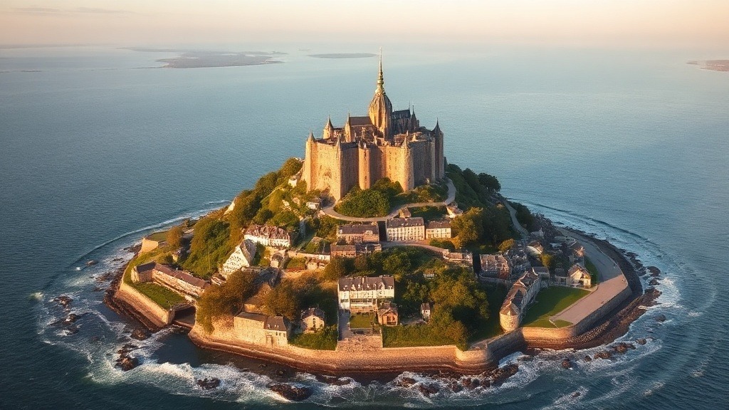 Vue aérienne du Mont-Saint-Michel entouré par les eaux à marée montante