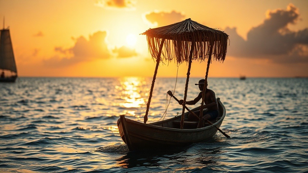 Yole traditionnelle martiniquaise en mer en fin de journée