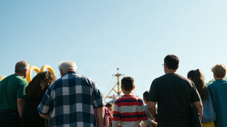 Familles en file d'attente devant une attraction du Parc Astérix par beau temps