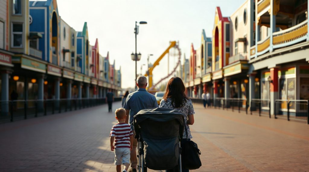 Familles se promenant dans une allée principale d'un parc à thème lors d'une journée ensoleillée
