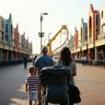 Familles se promenant dans une allée principale d'un parc à thème lors d'une journée ensoleillée