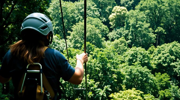 Personne en tyrolienne au-dessus d une foret avec harnais et casque