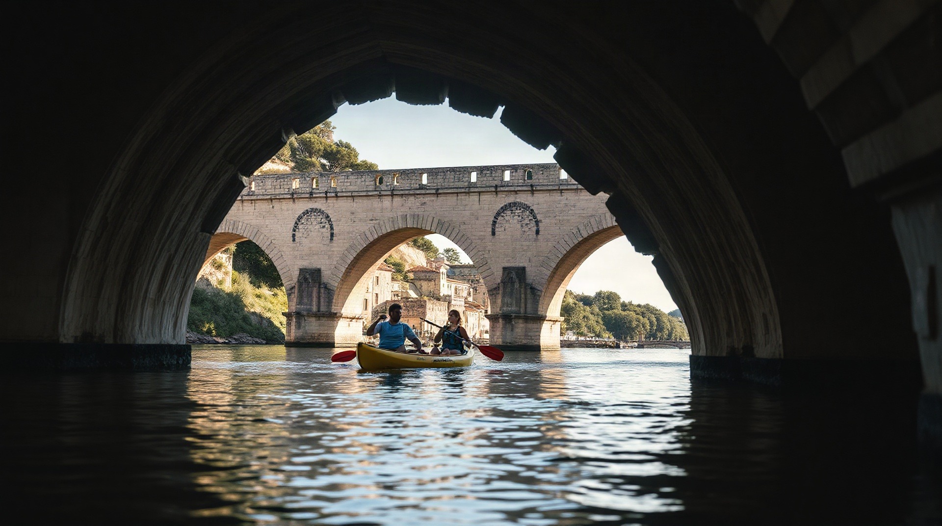 Vacanciers en canoë sous les arches du Pont du Gard