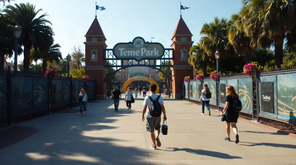 Visiteurs devant l'entrée de Walibi Rhône-Alpes par une matinée ensoleillée