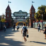 Visiteurs devant l'entrée de Walibi Rhône-Alpes par une matinée ensoleillée