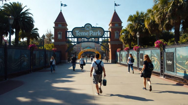 Visiteurs devant l'entrée de Walibi Rhône-Alpes par une matinée ensoleillée