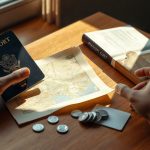 Voyageur préparant son voyage au Japon : passeport, plan de Tokyo, carte Suica et yens sur une table
