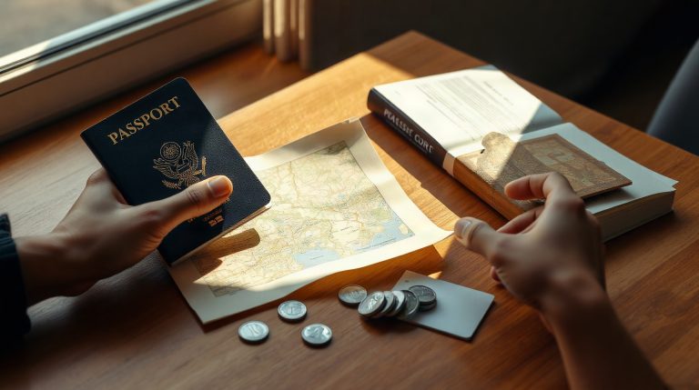 Voyageur préparant son voyage au Japon : passeport, plan de Tokyo, carte Suica et yens sur une table
