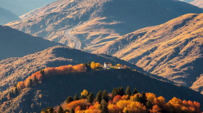 Vue aérienne du col de Vizzavona en automne avec la RT20 en Corse