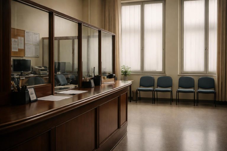 Agent consulaire remettant des documents à une famille en deuil dans un bureau officiel