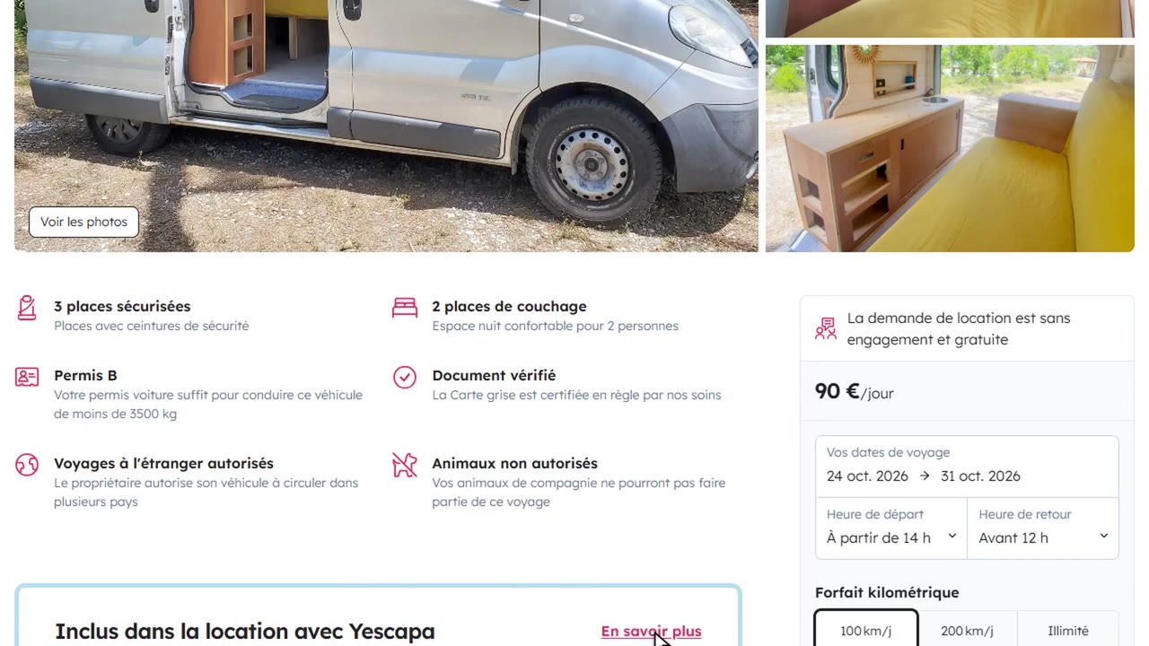 avis yescapa : L'annonce et ce qui est inclus