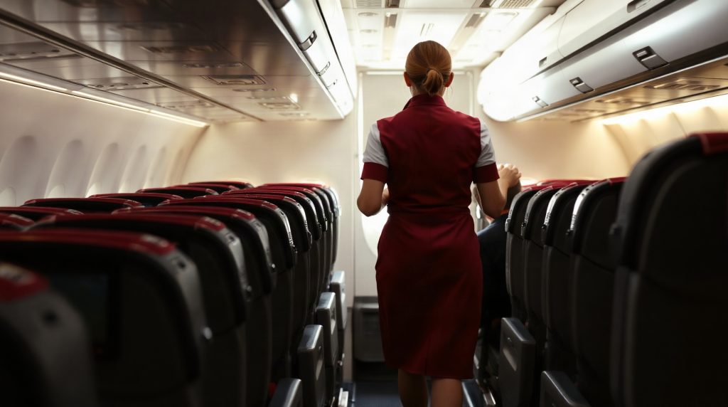 Cabine économique d'un Boeing 777 avec rangées de sièges et deux couloirs centraux