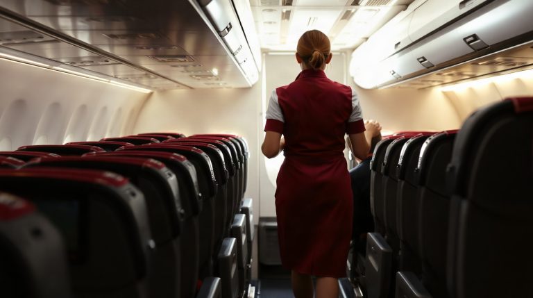 Cabine économique d'un Boeing 777 avec rangées de sièges et deux couloirs centraux