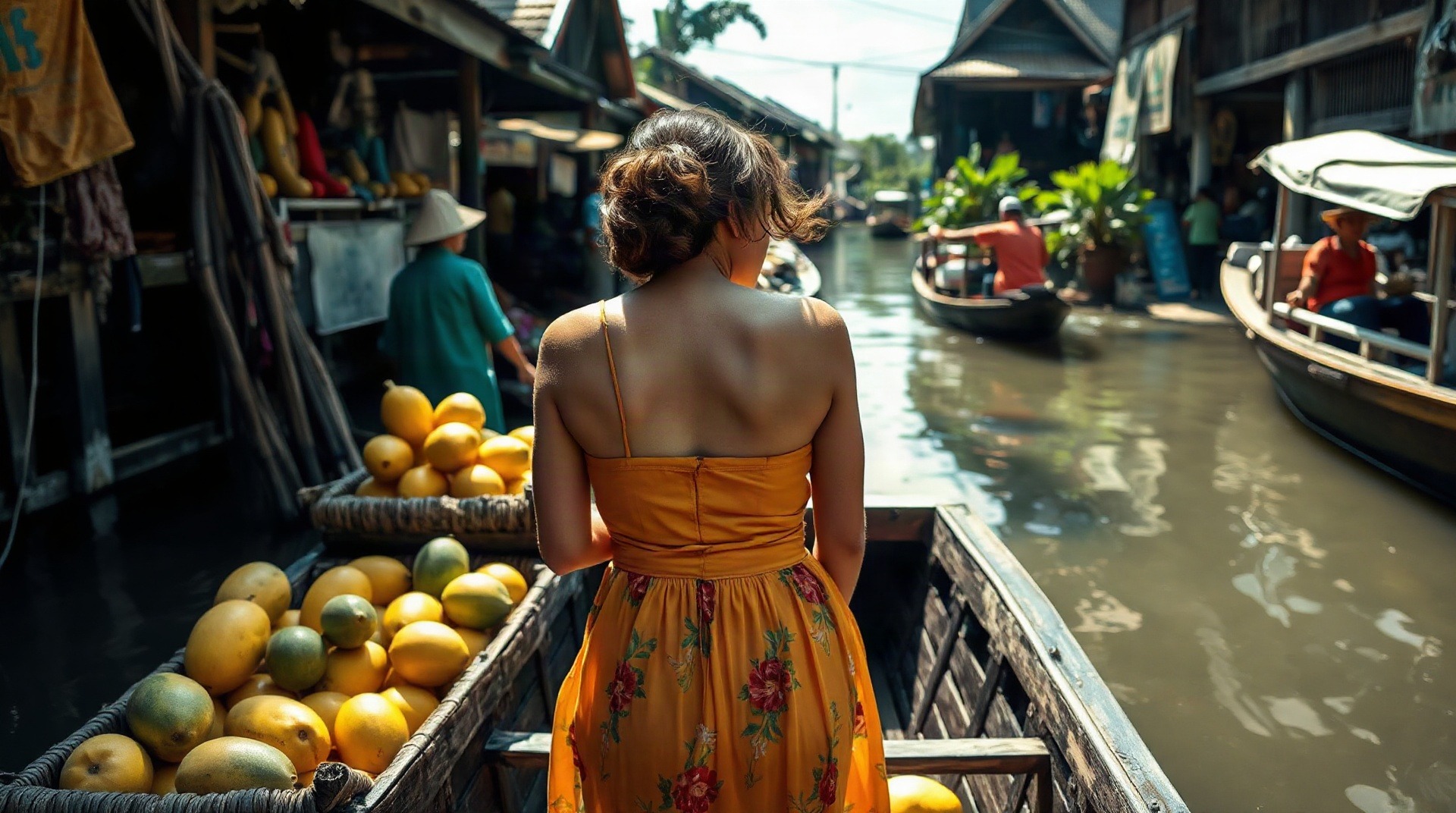 Femme parcourant un marché flottant thaïlandais vêtue d'une robe en coton