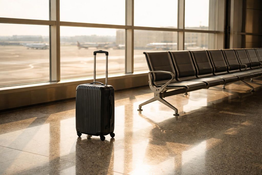 Passager consultant un tableau des départs dans un terminal aérien