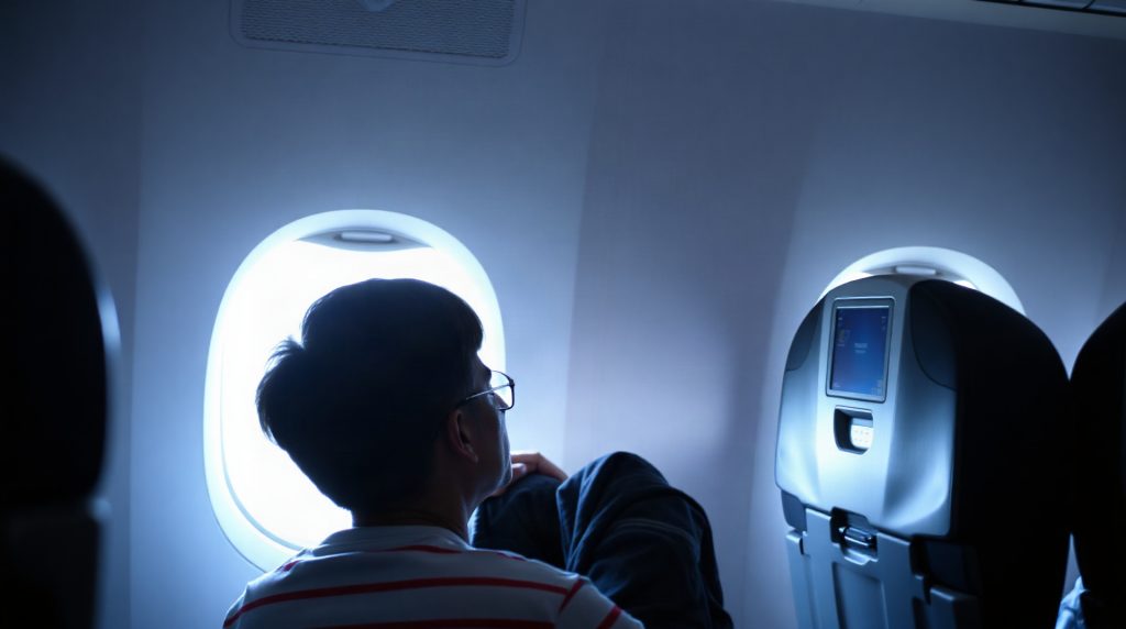 Passager installé dans un siège de classe économique sur un vol long-courrier