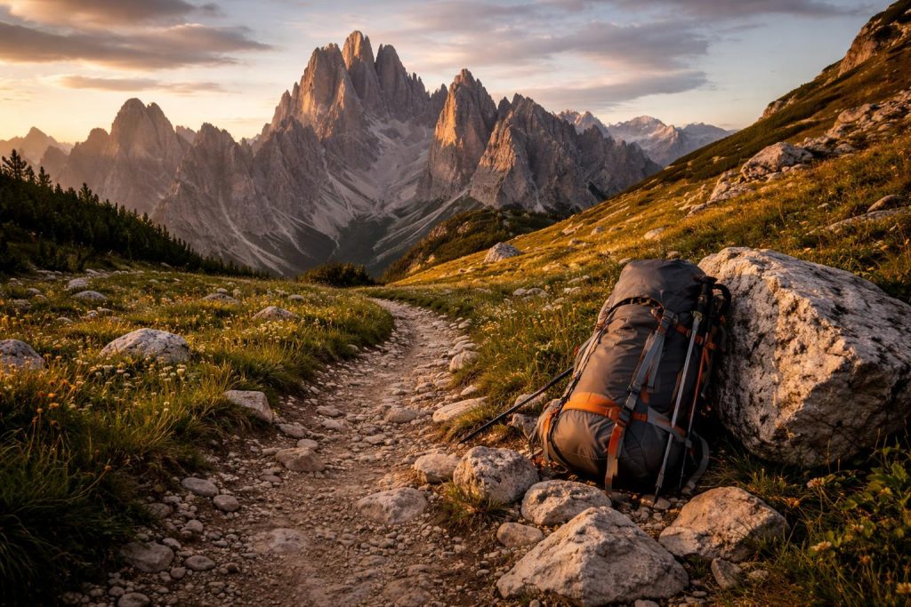 Randonneur sur les sentiers des Dolomites en Italie