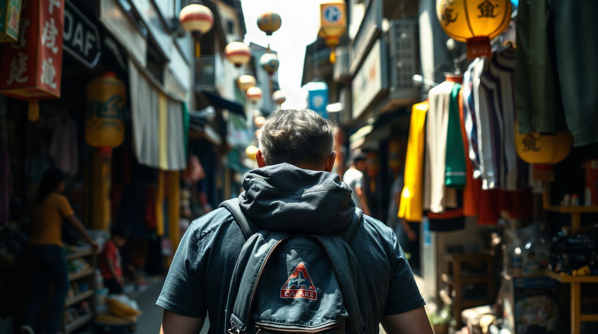 Touriste avec un sac à dos dans une rue animée de Bangkok