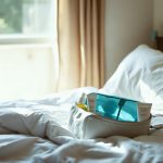 Trousse de toilette de voyage ouverte sur un lit d'hôtel