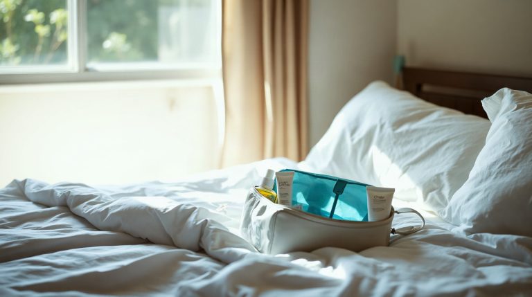 Trousse de toilette de voyage ouverte sur un lit d'hôtel