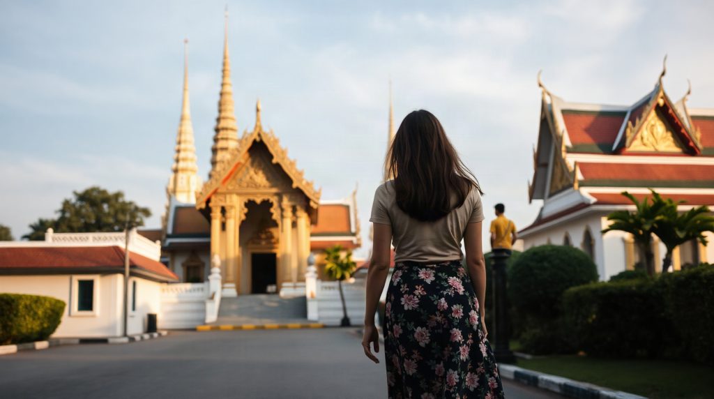 Voyageuse en tenue couvrant les épaules devant un temple thaïlandais