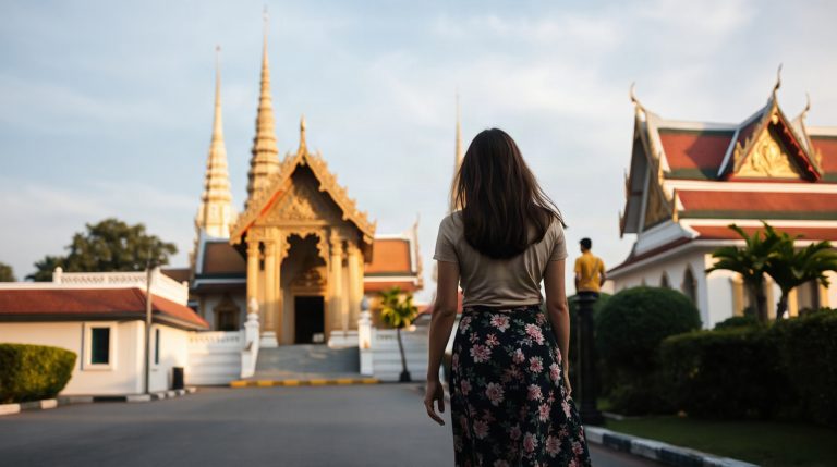 Voyageuse en tenue couvrant les épaules devant un temple thaïlandais