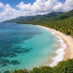 Vue aérienne d'une plage de sable blanc en Martinique sous un ciel partiellement nuageux