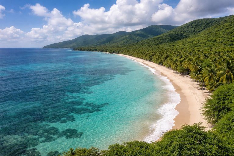 Vue aérienne d'une plage de sable blanc en Martinique sous un ciel partiellement nuageux