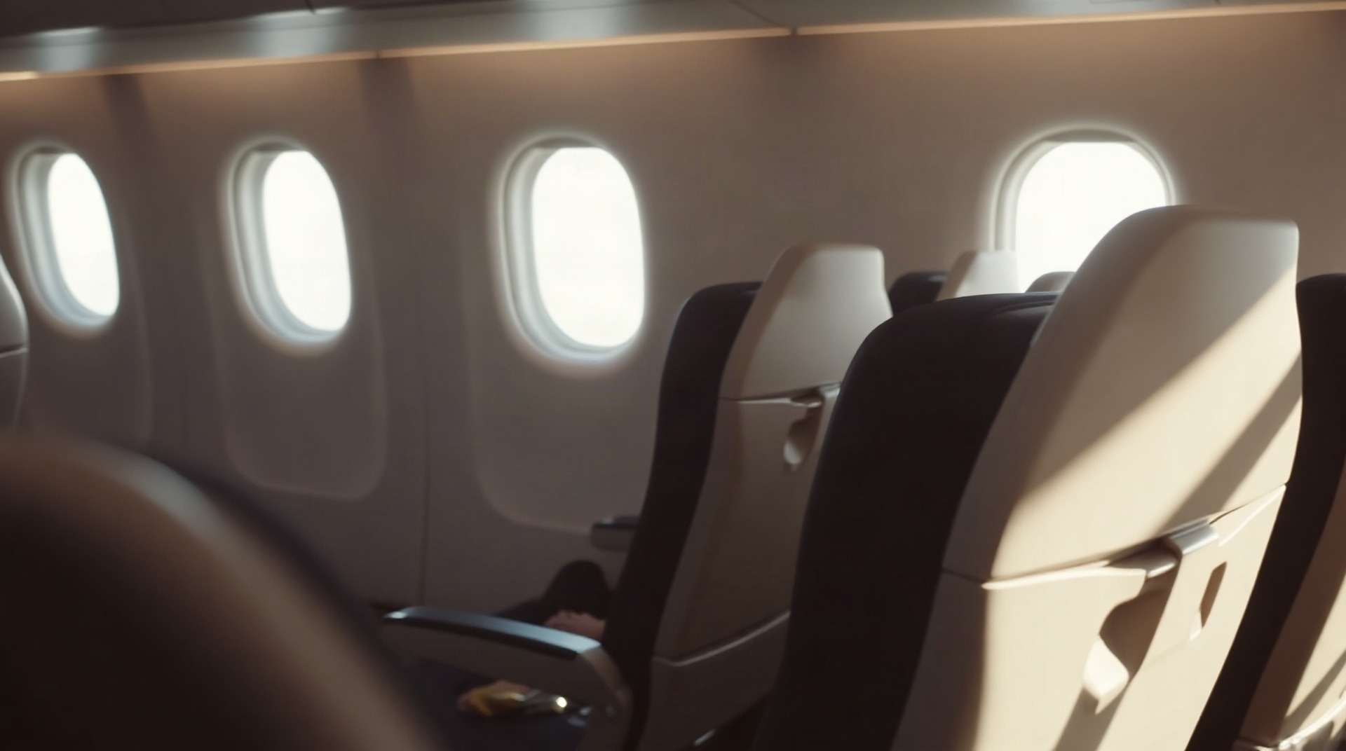 Vue de la cabine d'un Boeing 787 Dreamliner avec sièges et hublots éclairés
